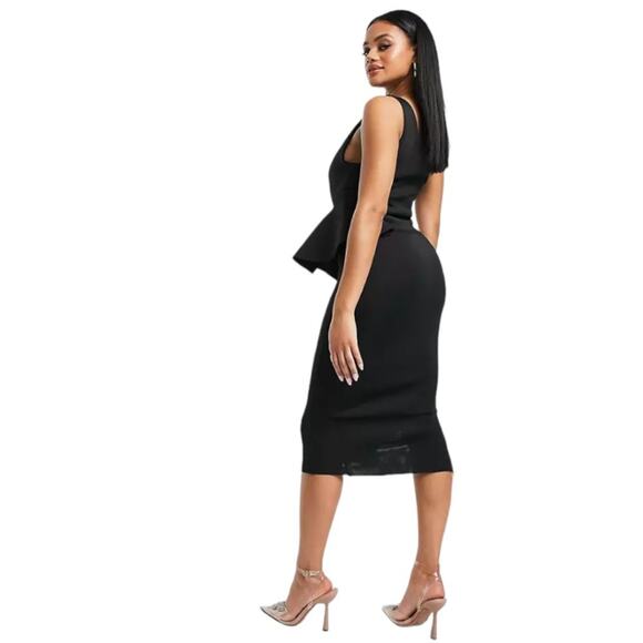 ASOS DESIGN One Shoulder Half Peplum Pencil Midi Dress Black Size 4 NWT - Picture 2 of 10